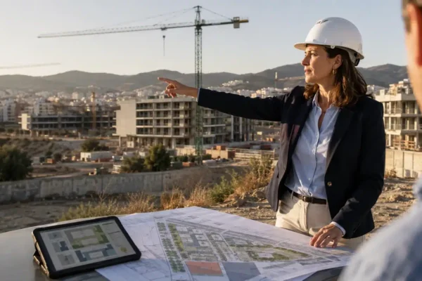 Directiva inmobiliaria analiza una promoción residencial sobre el terreno con planos y una tableta digital.