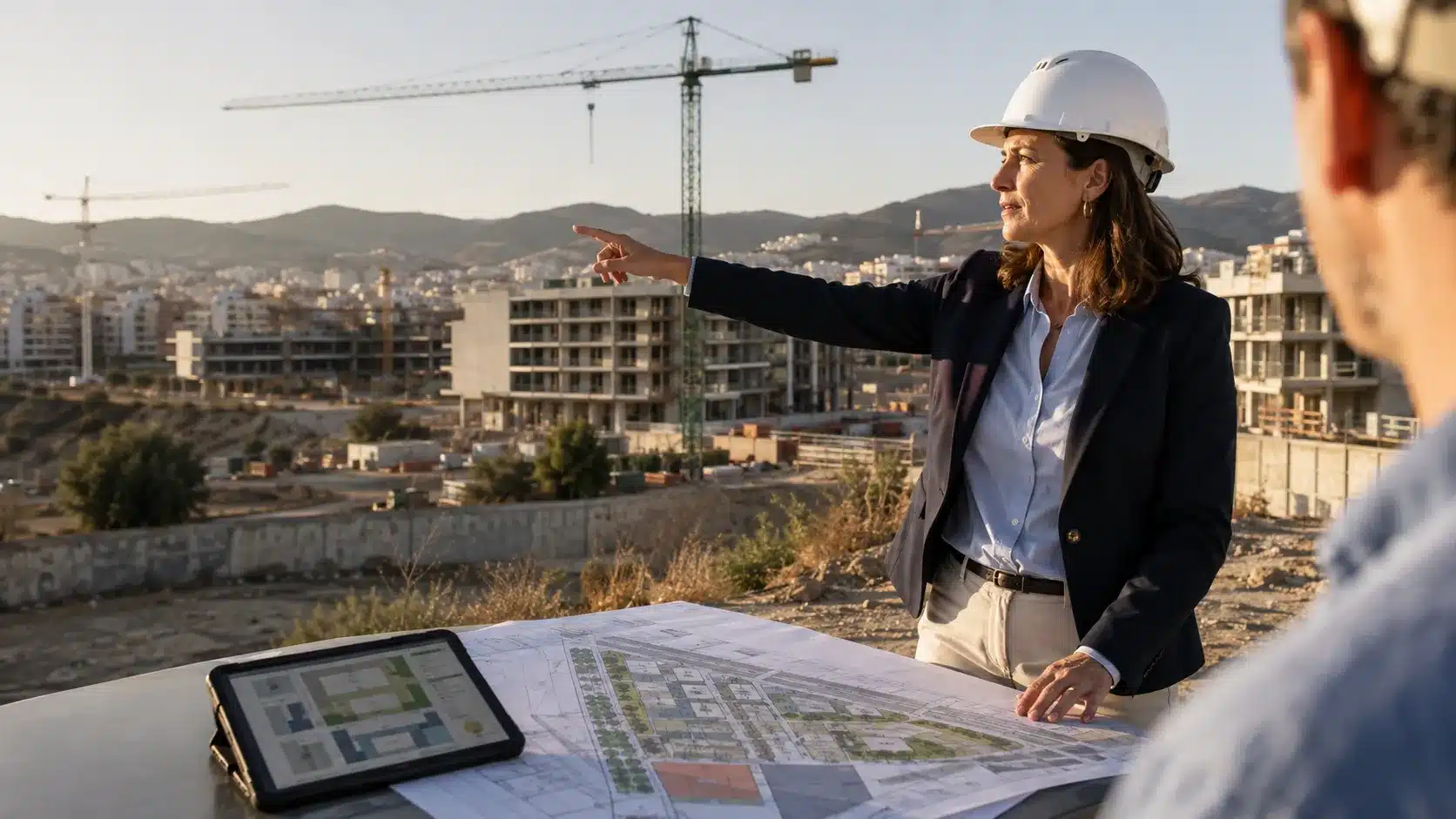 Directiva inmobiliaria analiza una promoción residencial sobre el terreno con planos y una tableta digital.
