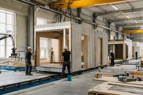 Profesionales montan un módulo prefabricado de vivienda con tecnología de medición en una obra.