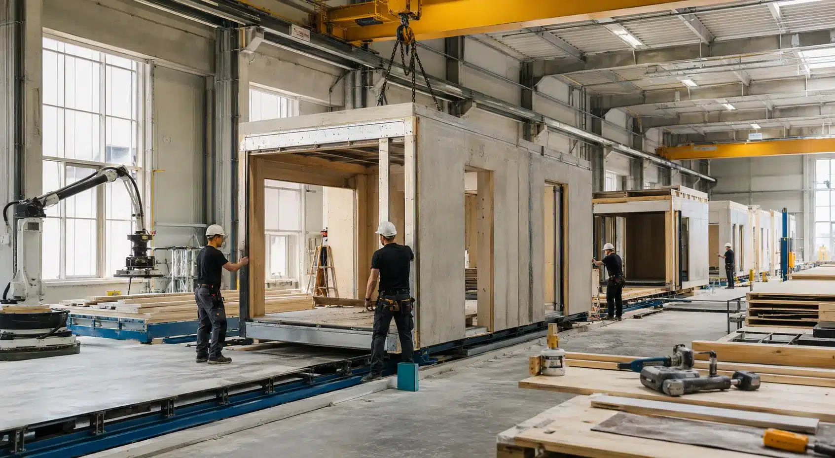Profesionales montan un módulo prefabricado de vivienda con tecnología de medición en una obra.