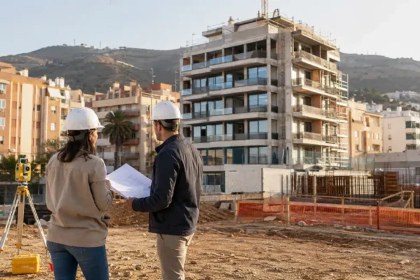 Técnicos revisan un proyecto de vivienda protegida en una obra residencial de Málaga