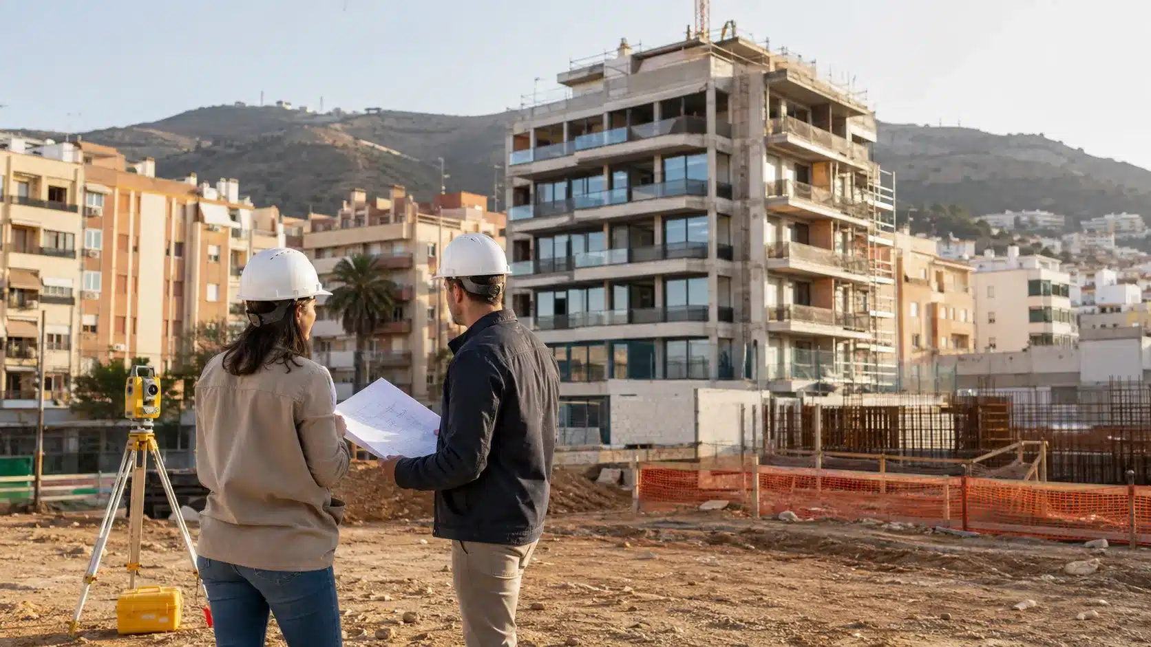 Técnicos revisan un proyecto de vivienda protegida en una obra residencial de Málaga