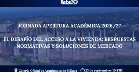 Banner de la Jornada de Apertura Académica REBS 2026/27 sobre acceso a la vivienda, respuestas normativas y soluciones de mercado.