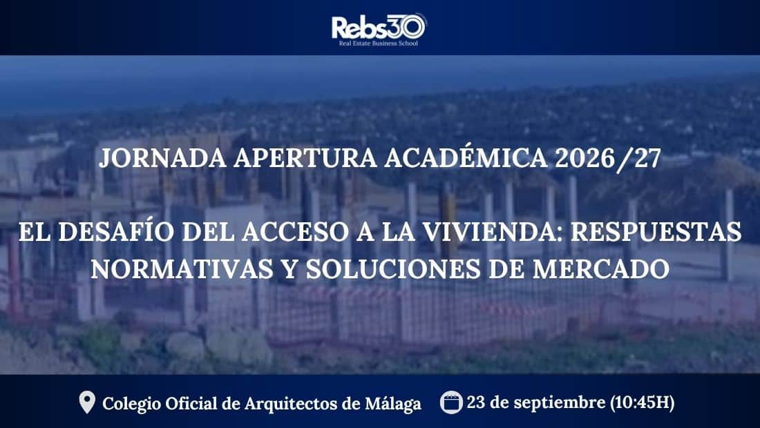 Banner de la Jornada de Apertura Académica REBS 2026/27 sobre acceso a la vivienda, respuestas normativas y soluciones de mercado.