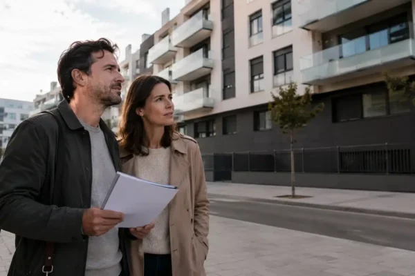 Pareja trabajadora frente a una promoción de viviendas modernas.