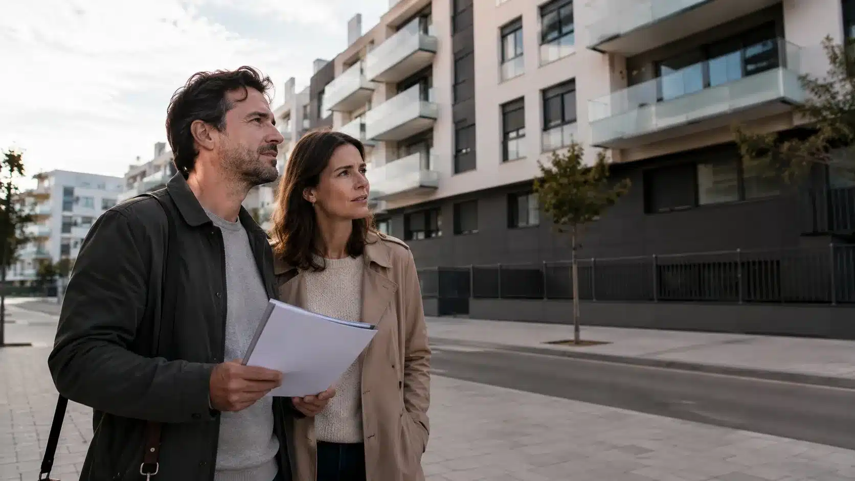 Pareja trabajadora frente a una promoción de viviendas modernas.